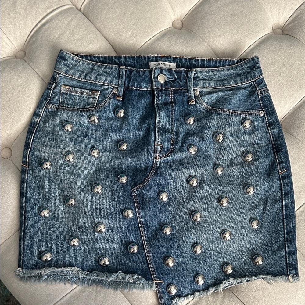 Good American Blue Denim Mini Skirt with Silver Accents